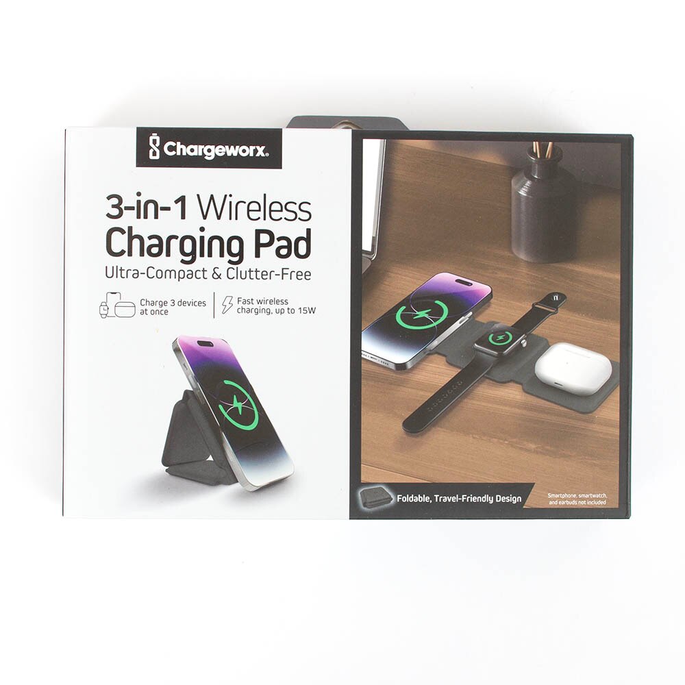 Power Supply/Adapter, Tech, Chargeworx, 3-in-1, Folding, Wireless, Charging pad, 985502, Black